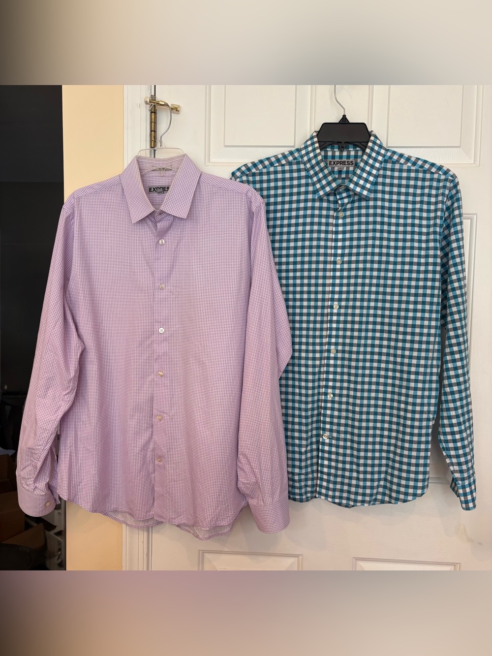 2 Express Mens Size Large Blue Plaid & Pink Dot Fitted Dress Shirts Long Sleeve